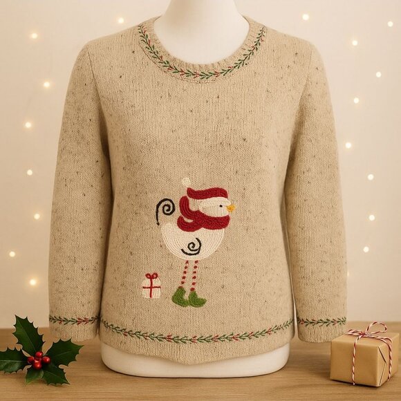 Northern Isles Wool Christmas Sweater Size S Petite VTG Winter Flecked Bird Embr - Picture 2 of 15
